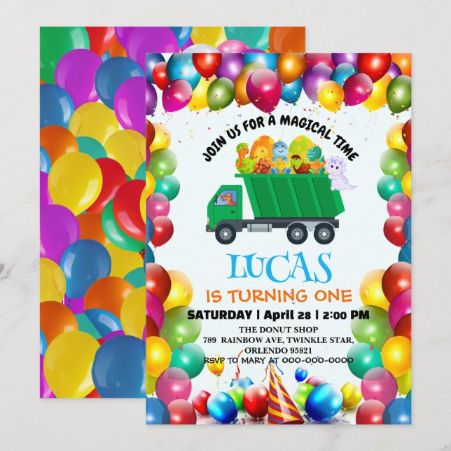 Cute Dinosaur garbage truck balloon birthday boy  Invitation (Front/Back)