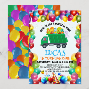 Cute Dinosaur garbage truck balloon birthday boy Invitation