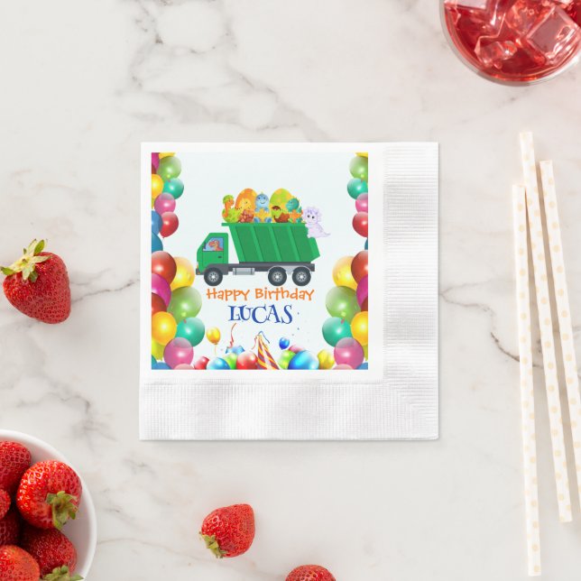 Cute Dinosaur garbage truck balloon birthday boy  Napkin (Insitu)