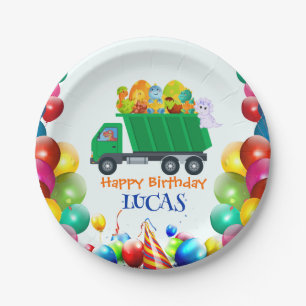 Cute Dinosaur garbage truck balloon birthday boy  Paper Plate