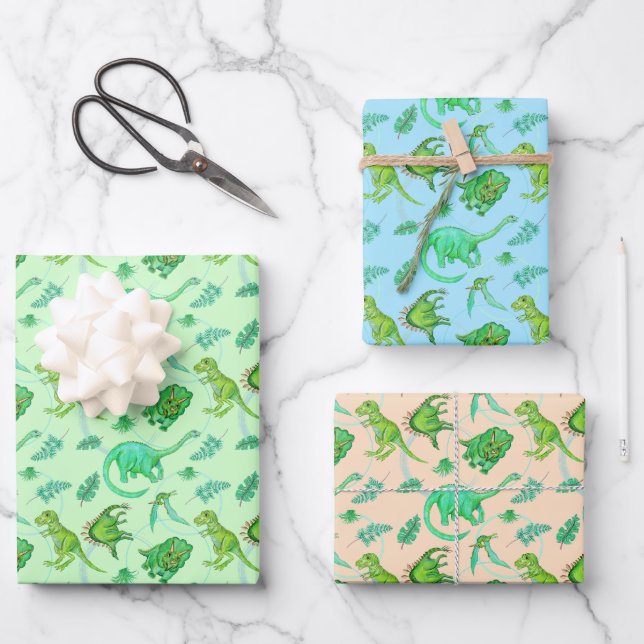 Cute Dinosaur Gift Wrap In Three Colours (Front)