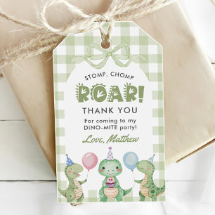 Cute Dinosaur Gingham 1st Birthday Party Gift Tags