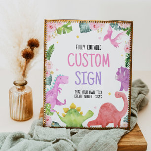 Cute Dinosaur Girl Birthday Party Table Sign