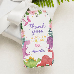 Cute Dinosaur Girl Birthday Party Thank You Tag