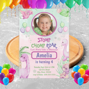 Cute Dinosaur Girl Birthday Photo Invitation