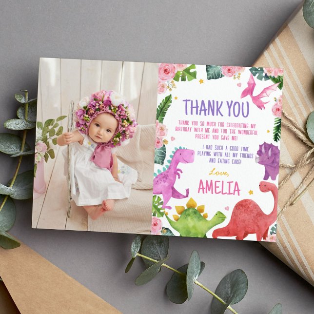 Cute Dinosaur Girl Birthday Photo Thank You Card (Creator Uploaded)