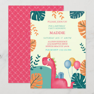 Cute Dinosaur Girls Birthday Party Invitation