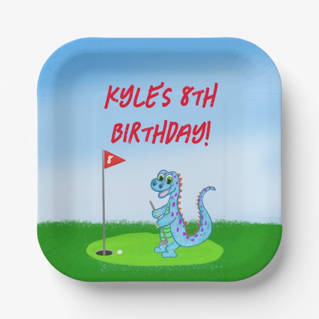 Cute Dinosaur Golf Themed Kids Birthday Napkins Paper Plate (Front)