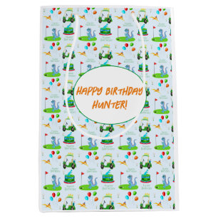 Cute Dinosaur Golf Themed Kids Happy Birthday Medium Gift Bag