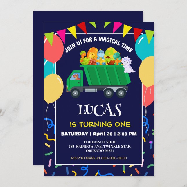 Cute Dinosaur Green garbage truck birthday boy kid Invitation (Front/Back)