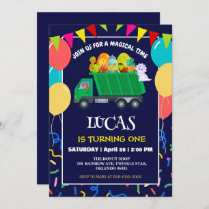 Cute Dinosaur Green garbage truck birthday boy kid Invitation