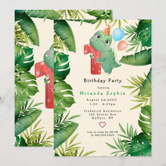 Cute Dinosaur Green Leaves 1st Birthday Party Invitation (Front/Back)