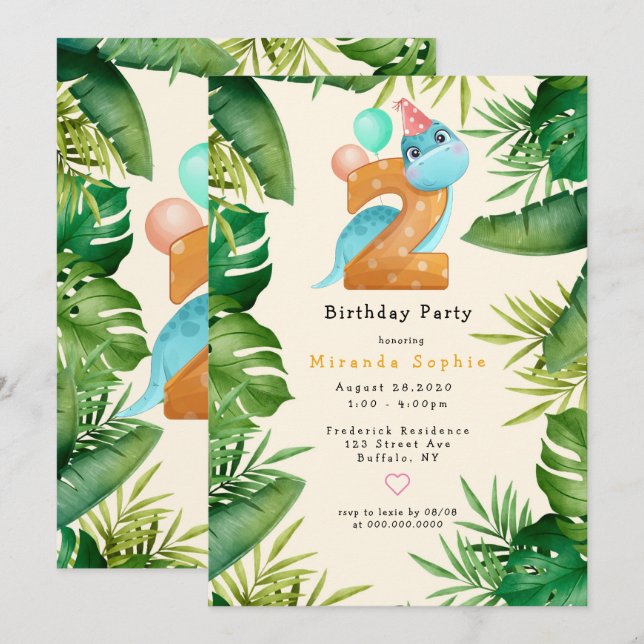 Cute Dinosaur Green Leaves 2nd Birthday Party Invitation (Front/Back)