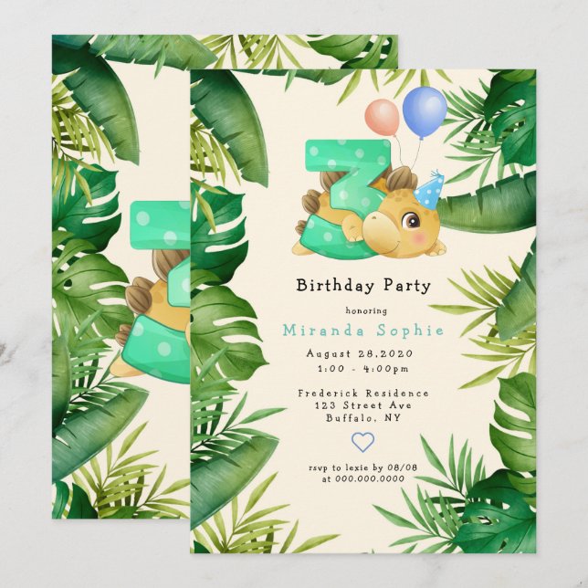 Cute Dinosaur Green Leaves 3rd Birthday Party Invitation (Front/Back)