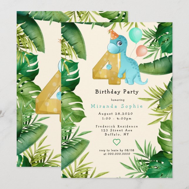 Cute Dinosaur Green Leaves 4th Birthday Party Invitation (Front/Back)