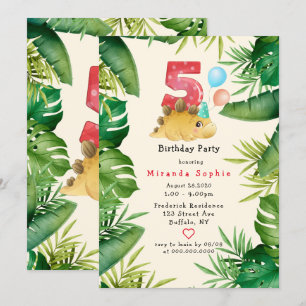 Cute Dinosaur Green Leaves 5th Birthday Party Invitation