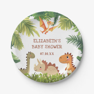 Cute Dinosaur Greenery Baby Shower Paper Plate