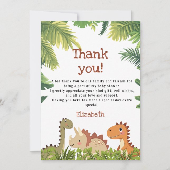 Cute Dinosaur Greenery Baby Shower Thank You Card (Front)