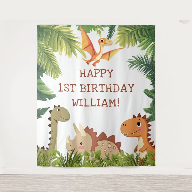 Cute Dinosaur Greenery Birthday Party Backdrop Tapestry (Front)