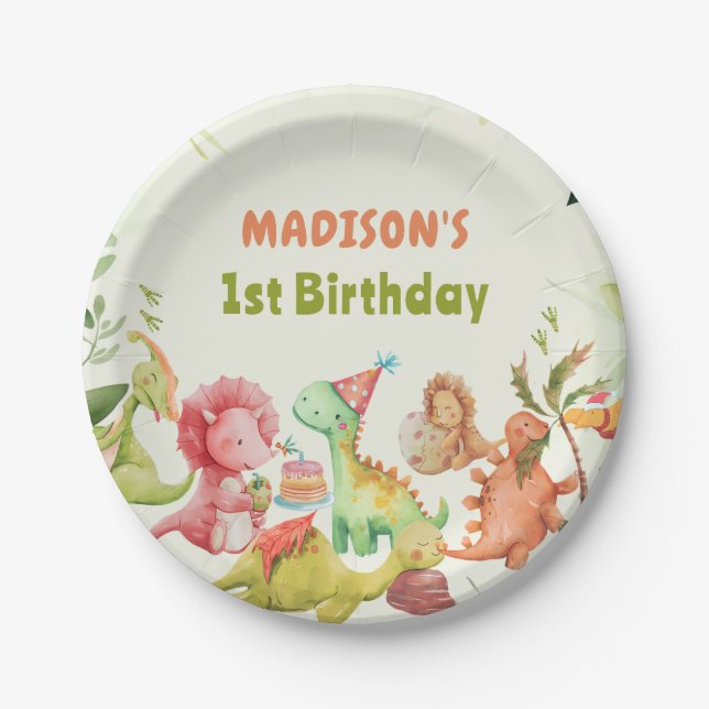 Cute Dinosaur Greenery Birthday Party Paper Plates (Front)