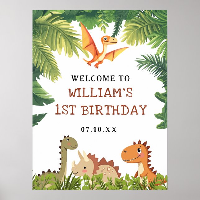 Cute Dinosaur Greenery Birthday Party Welcome Sign (Front)