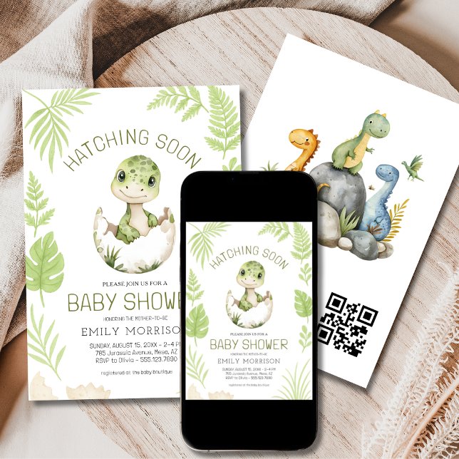 Cute Dinosaur Hatching Soon QR Code Baby Shower Invitation (Creator Uploaded)