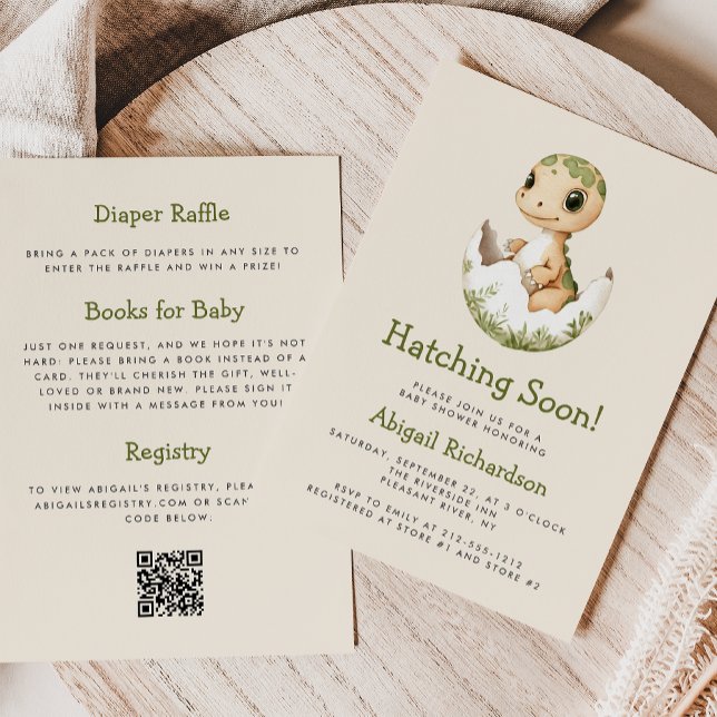 Cute Dinosaur Hatching Soon QR Code Baby Shower Invitation (Creator Uploaded)