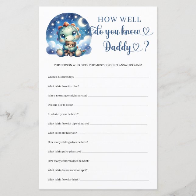 Cute dinosaur How Well Do You Know Daddy game (Front)