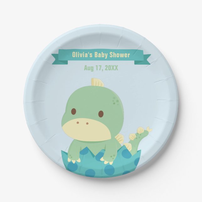 Cute Dinosaur in Egg Baby Shower Party Supplies Paper Plate (Front)