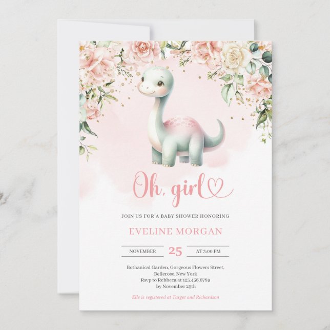 Cute Dinosaur It's a Girl floral Baby Shower Invitation (Front)