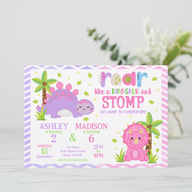 Cute Dinosaur Joint Birthday  Invitation (Standing Front)
