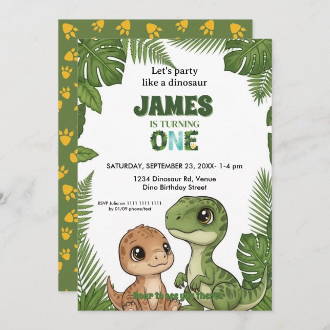 Cute Dinosaur Jungle First Birthday Invitation (Front/Back)