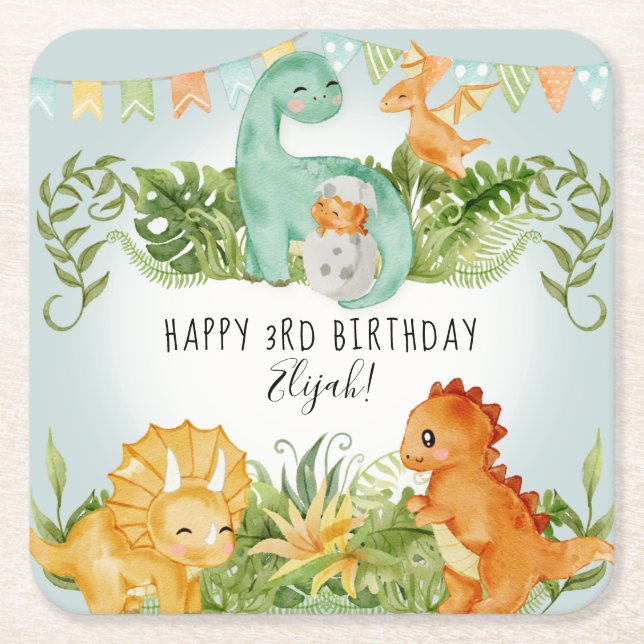 Cute Dinosaur Jungle Foliage 3rd Birthday Party  Square Paper Coaster (Front)