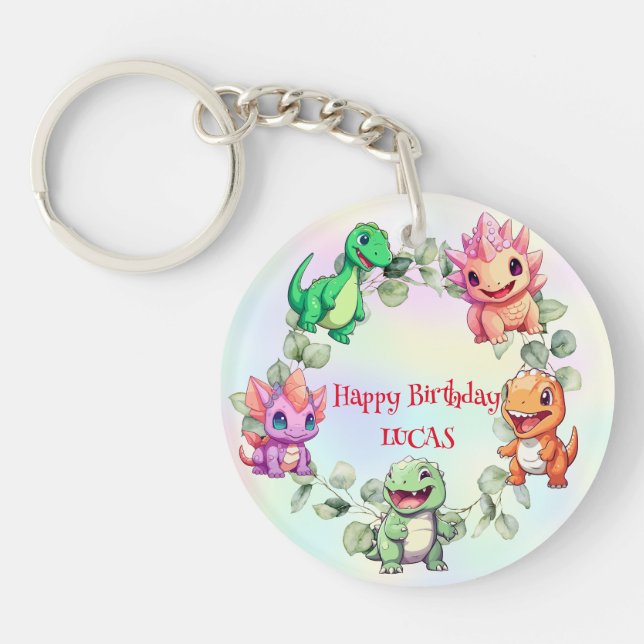 Cute dinosaur jungle School kid birthday party boy Key Ring (Front)