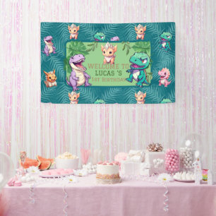 Cute dinosaur jungle School kids Birthday party Banner