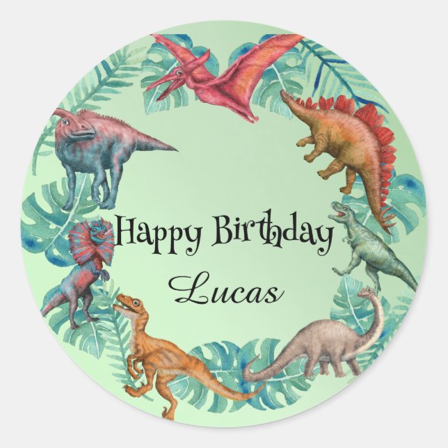 Cute dinosaur jungle School kids Birthday party ki Classic Round Sticker (Front)