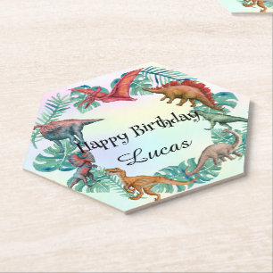 Cute dinosaur jungle School kids Birthday party  Paper Coaster