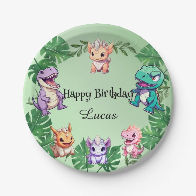 Cute dinosaur jungle School kids Birthday party  Paper Plate (Front)