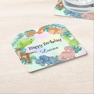 Cute dinosaur jungle School kids Birthday party  Square Paper Coaster