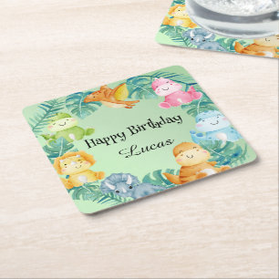 Cute dinosaur jungle School kids Birthday party  Square Paper Coaster