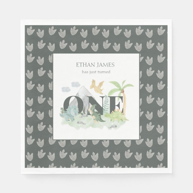 Cute Dinosaur Jungle Watercolor Boy 1st Birthday Napkin (Front)