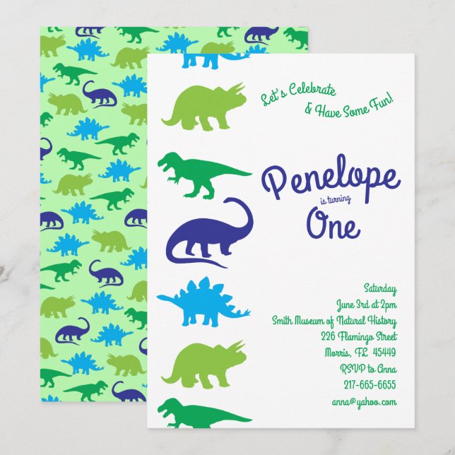 Cute Dinosaur Kids 1st Birthday Dino Party Invitation (Front/Back)