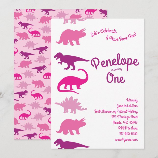 Cute Dinosaur Kids 1st Birthday Pink Dino Party Invitation (Front/Back)