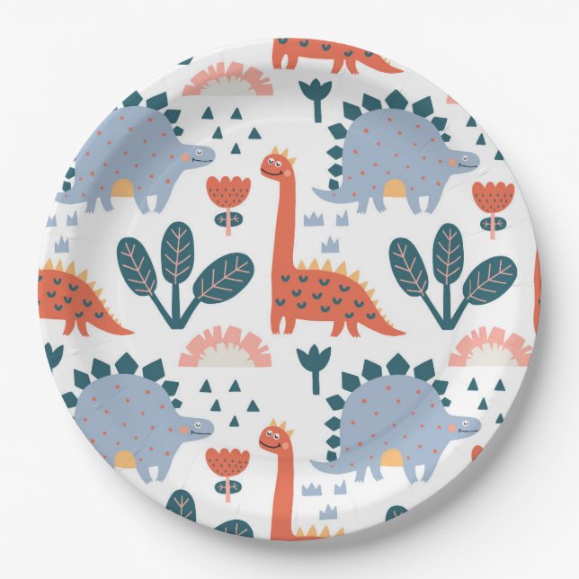 Cute Dinosaur Kids Birthday Party Paper Plate (Front)