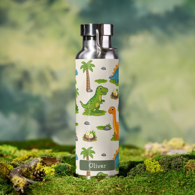 Cute Dinosaur Kids Name School Water Bottle (Outdoor (Rotated))