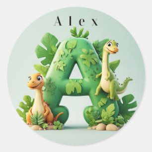 🦖 Cute Dinosaur Letter A Jungle Kids Learning Pla Classic Round Sticker