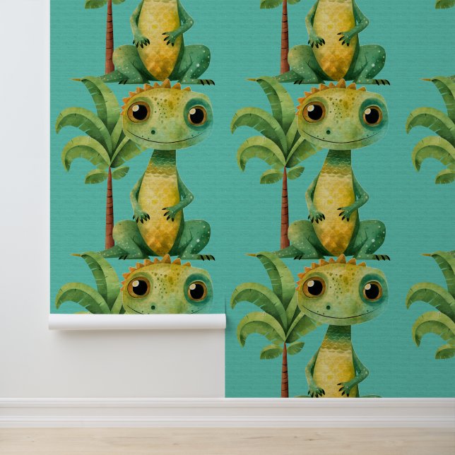 Cute dinosaur lizard palm tree kids watercolor wallpaper (Application)