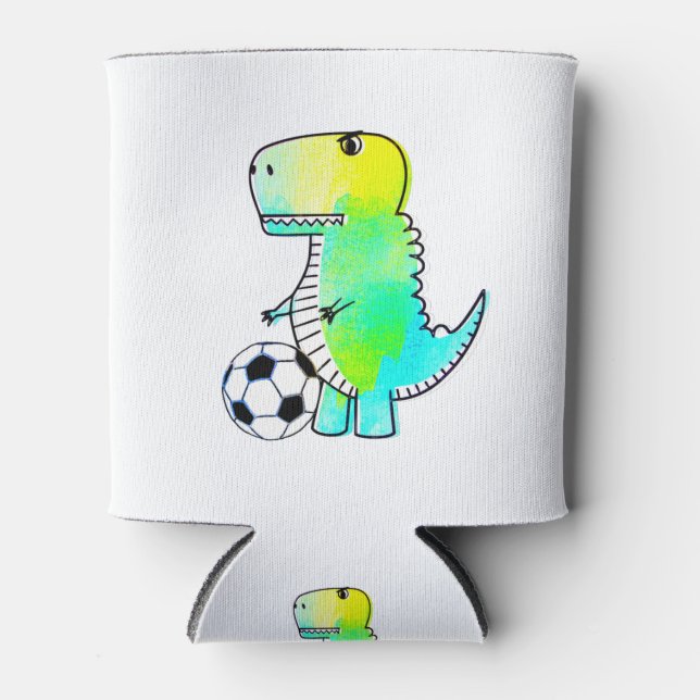 Cute Dinosaur Loves Soccer Watercolor Can Cooler (Front)