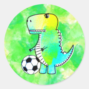 Cute Dinosaur Loves Soccer Watercolor Custom Classic Round Sticker