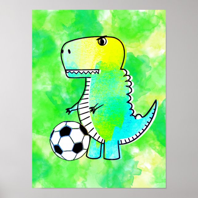Cute Dinosaur Loves Soccer Watercolor Custom Poster (Front)